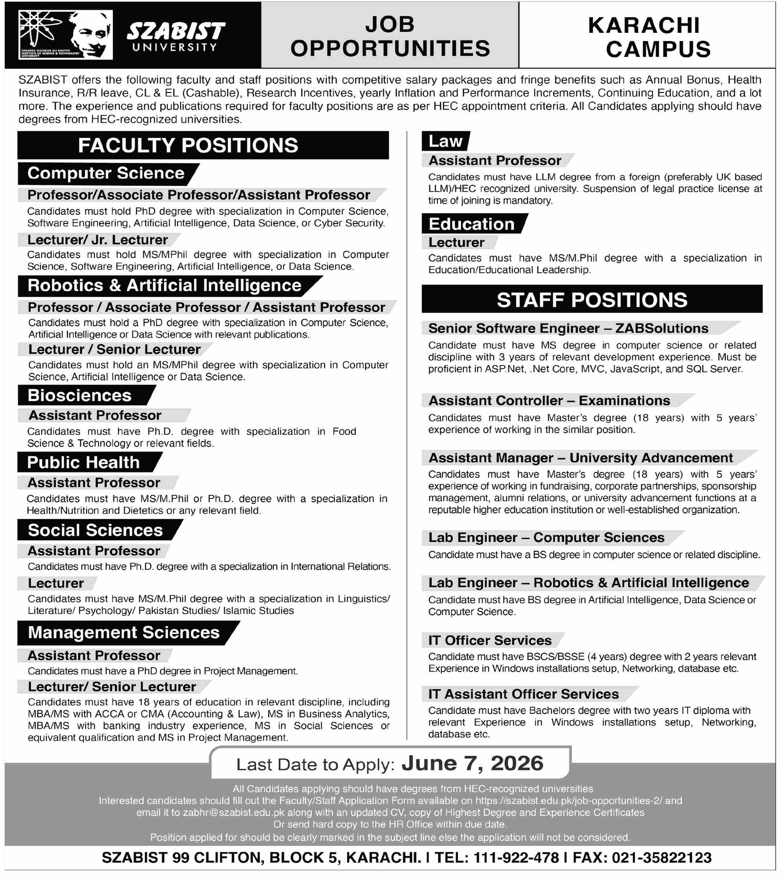 Shaheed Zulfiqar Ali Bhutto Institite of Science Jobs – Shaheed Zulfiqar Ali Bhutto Medical University Islamabad Jobs 2026 — original advertisement