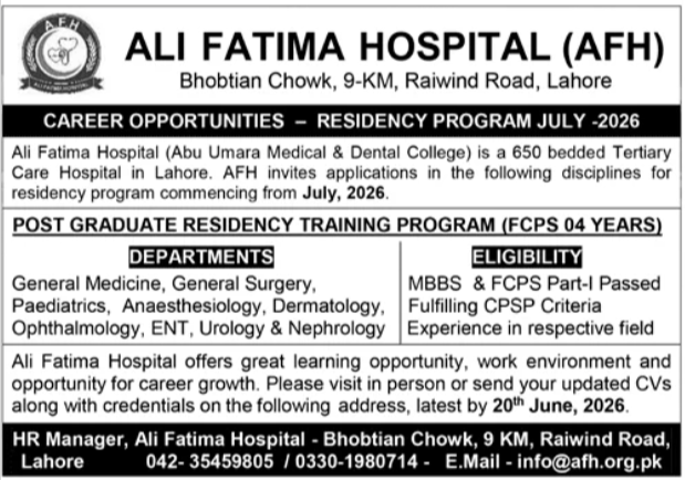 Ali Fatima Hospital AFH Lahore Job 2026 – Ali Fatima Hospital (AFH) Jobs 2026 — original advertisement