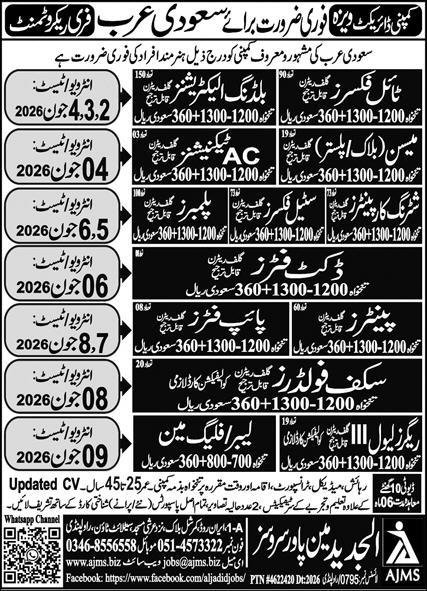 Dicket Fitters And Block Mason Jobs in Saudia Arabia – Al Jadeed Man Power Service Jobs 2026 — original advertisement