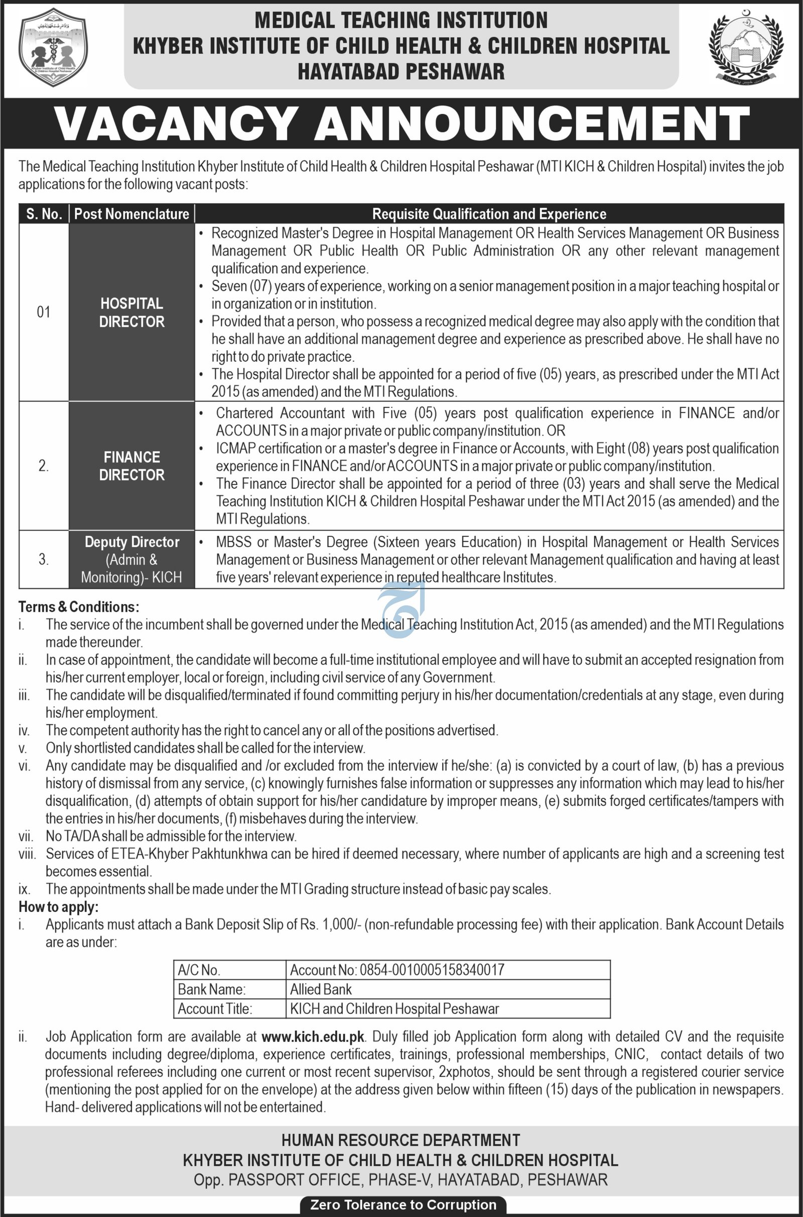 Khyber Institute of Child Health & Children Hospital Jobs – khyber institute of Veterinary sciences Peshawar Jobs 2026 — original advertisement