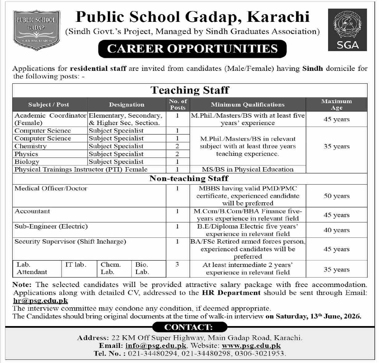 Public School Gadap Karachi Jobs 2026 For Subject Specialist — original advertisement