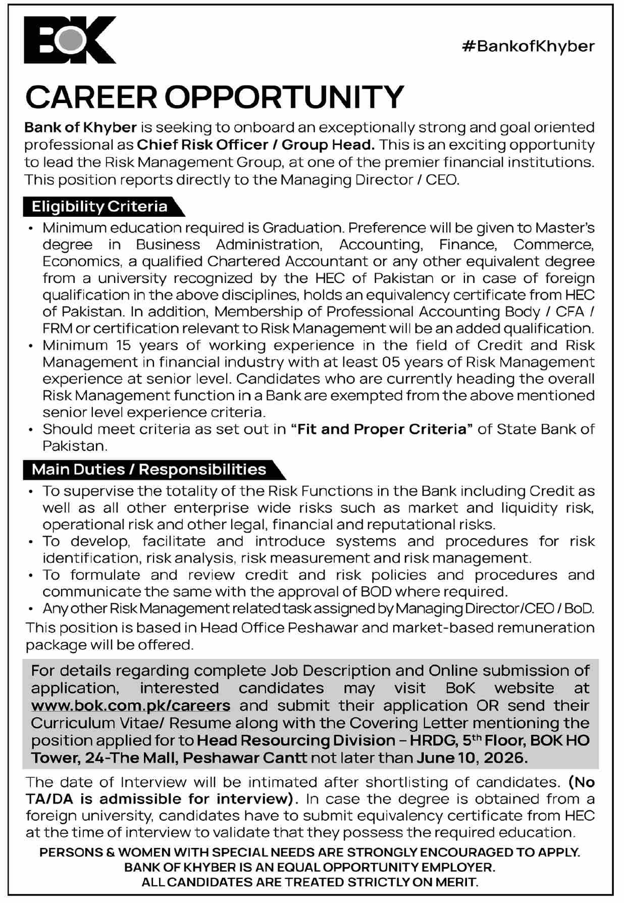 BOK Bank Of Khyber Jobs 2026 For Chief Risk Officer — original advertisement