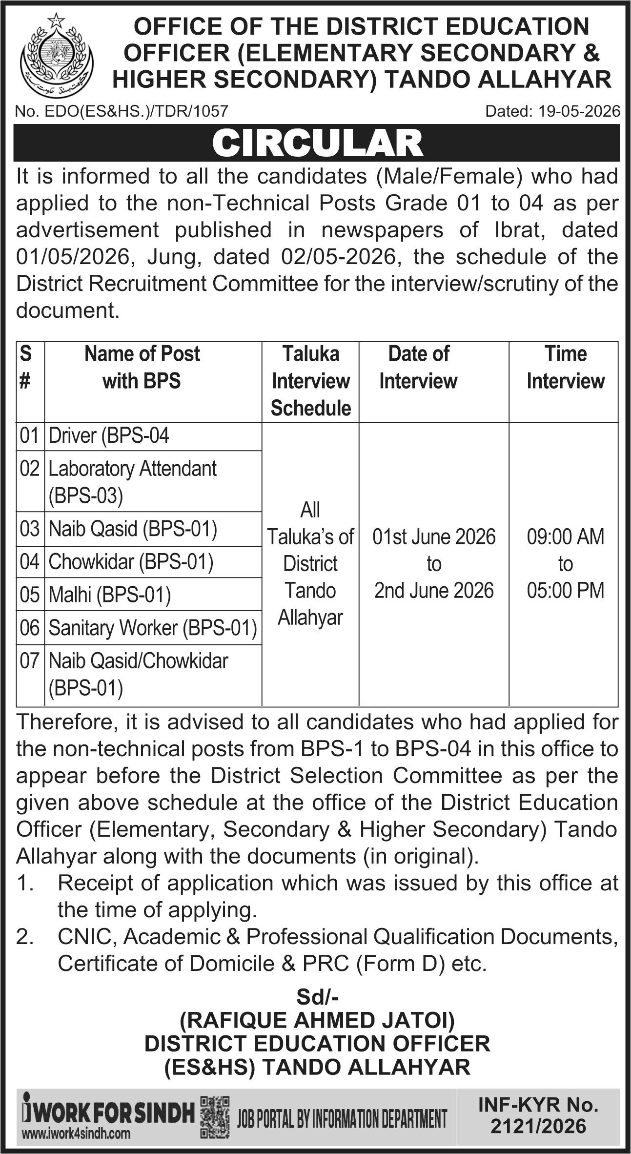 Elementary Secondary & Higher Secondary Tando Allahyar Jobs — original advertisement