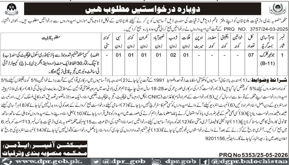 Population Welfare Department Quetta Job 2026 — original advertisement