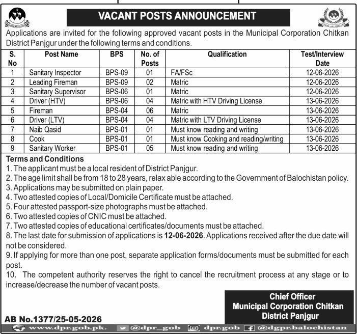 Municipal Corporation Panjgur Jobs 2026 — original advertisement