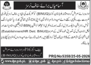 Balochistan Institute Of Nephro Urology BINUQ Quetta Job — original advertisement