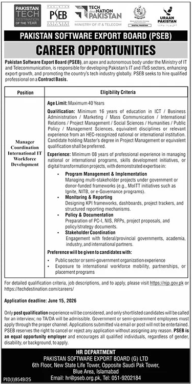 Pakistan Software Export Board PSEB Islamabad Job 2026 — original advertisement