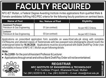 NFC Institute Of Engineering & Technology Multan Job 2026 — original advertisement