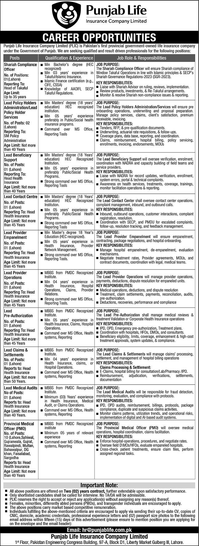 Punjab Life Insurance Company PLIC Lahore Jobs 2026 — original advertisement