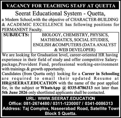 Seerat Educational Svstem Quetta Jobs 2026 — original advertisement