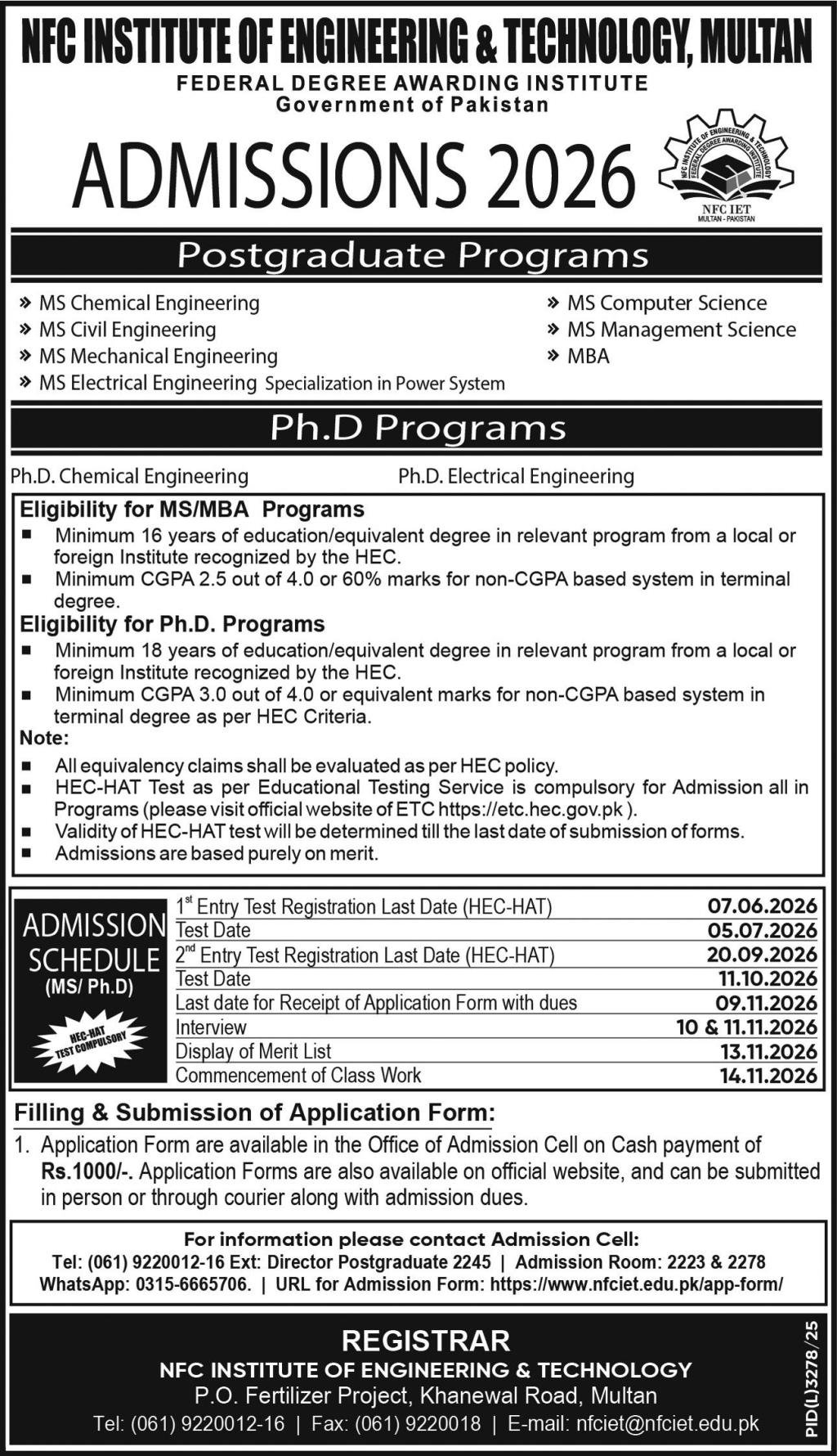 Admission Open In Nfc Institute of Enginnering And Technolgy — original advertisement