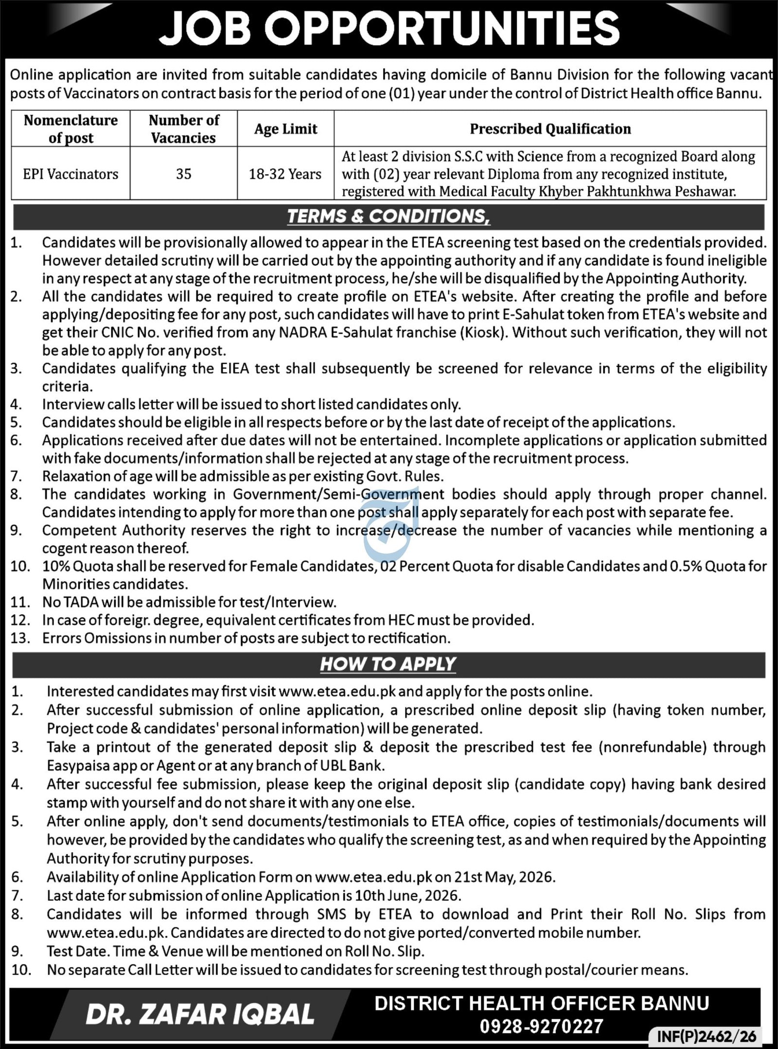 District Health officer Bannu Jobs 2026 — original advertisement