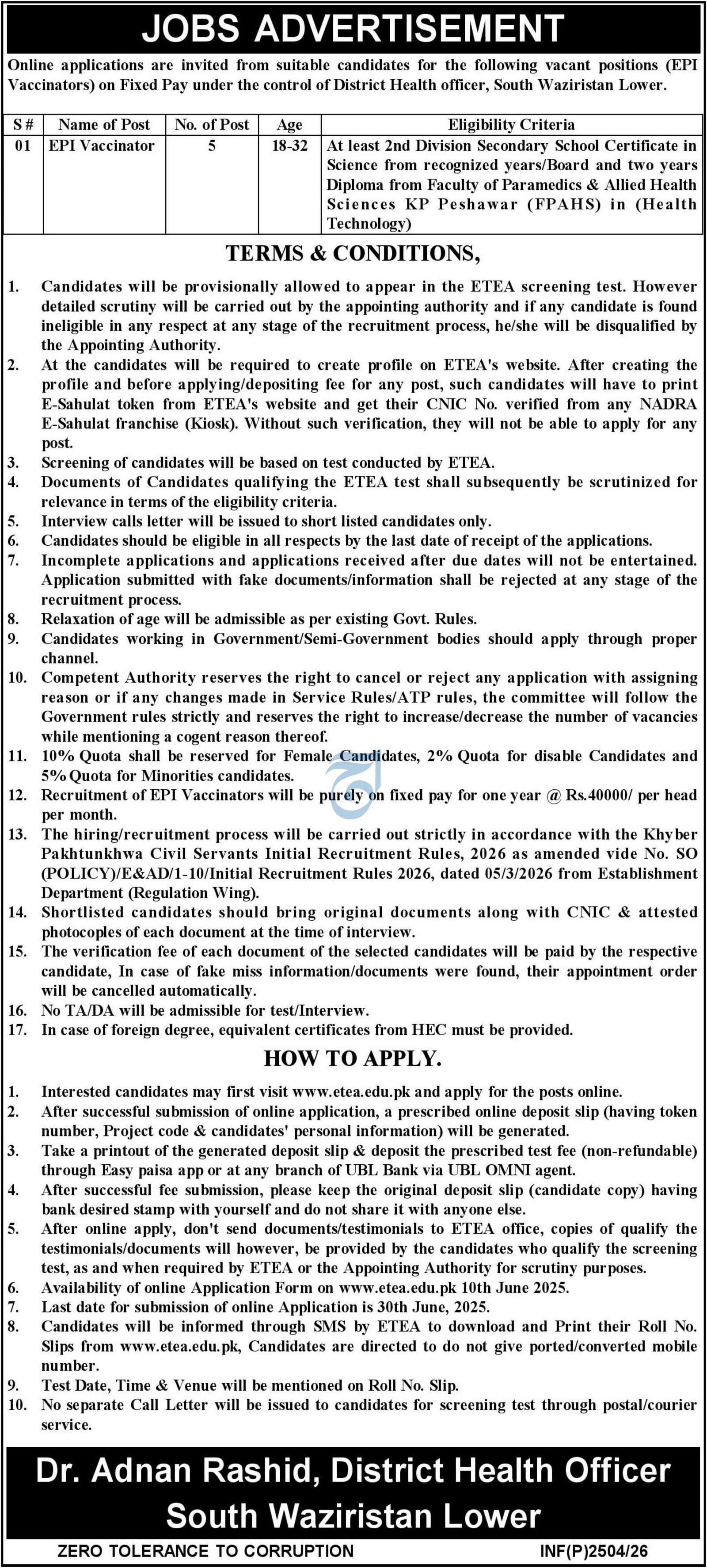 District Health Officer South Wazirstan Jobs 2026 — original advertisement