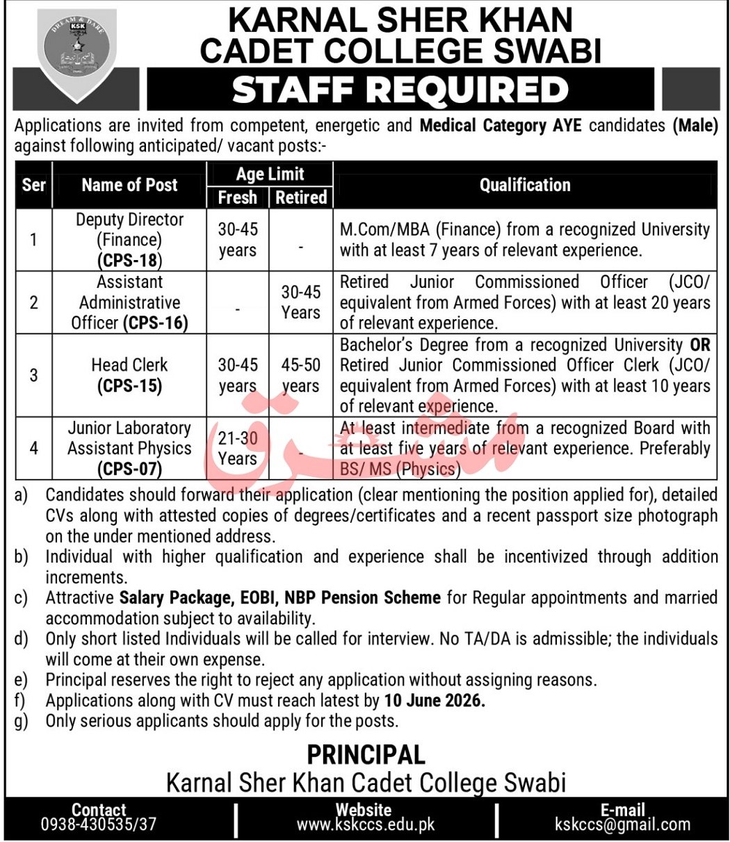 Karnal Sher Khan Cadet College KSKCCS Swabi Jobs 2026 — original advertisement