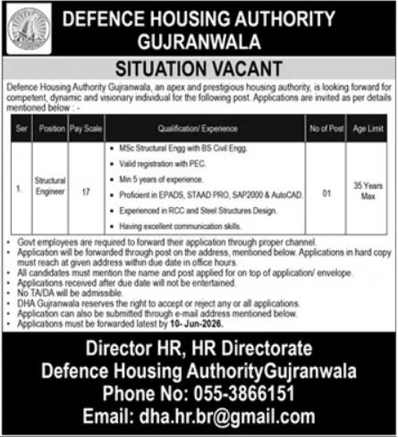 Defence Housing Authority DHA Gujranwala Jobs 2026 — original advertisement
