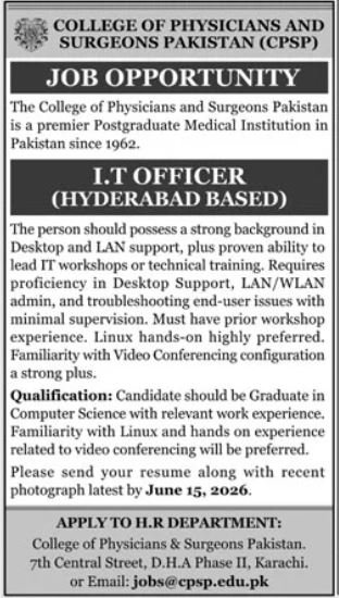 College Of Physicians And Surgeons Pakistan Karachi Job 2026 — original advertisement