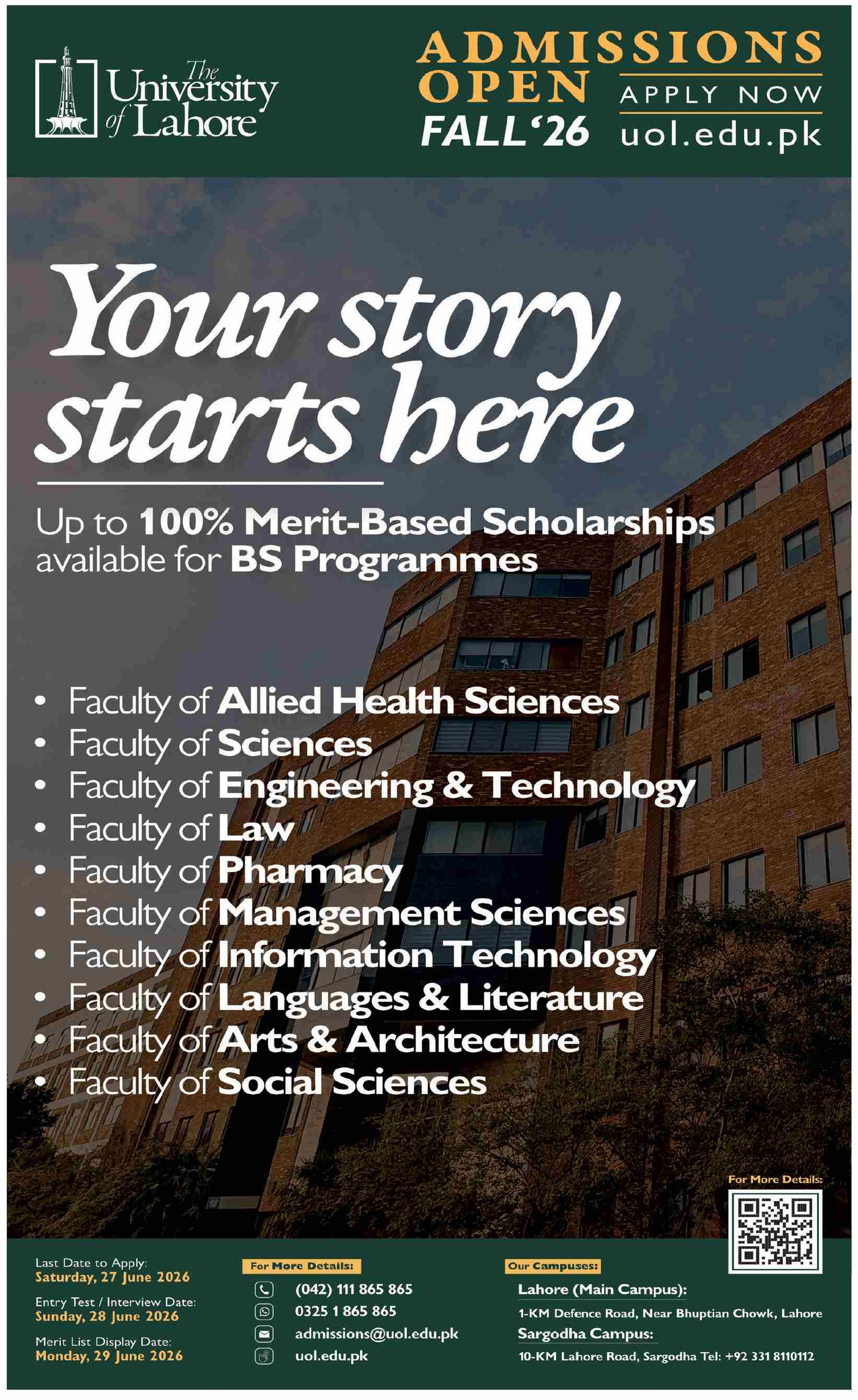 Admission Open in University of Lahore 2026 — original advertisement