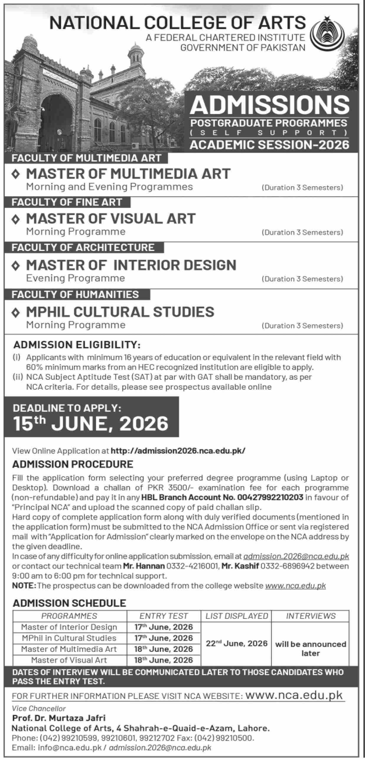 Admission Open in National College of Arts 2026 — original advertisement