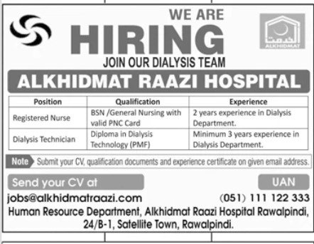 Alkhidmat Raazi Hospital Rawalpindi Jobs 2026 — original advertisement