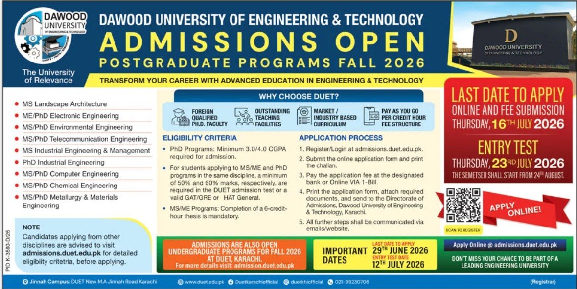 Admission Open In Dawood University of Engineering Technolog — original advertisement