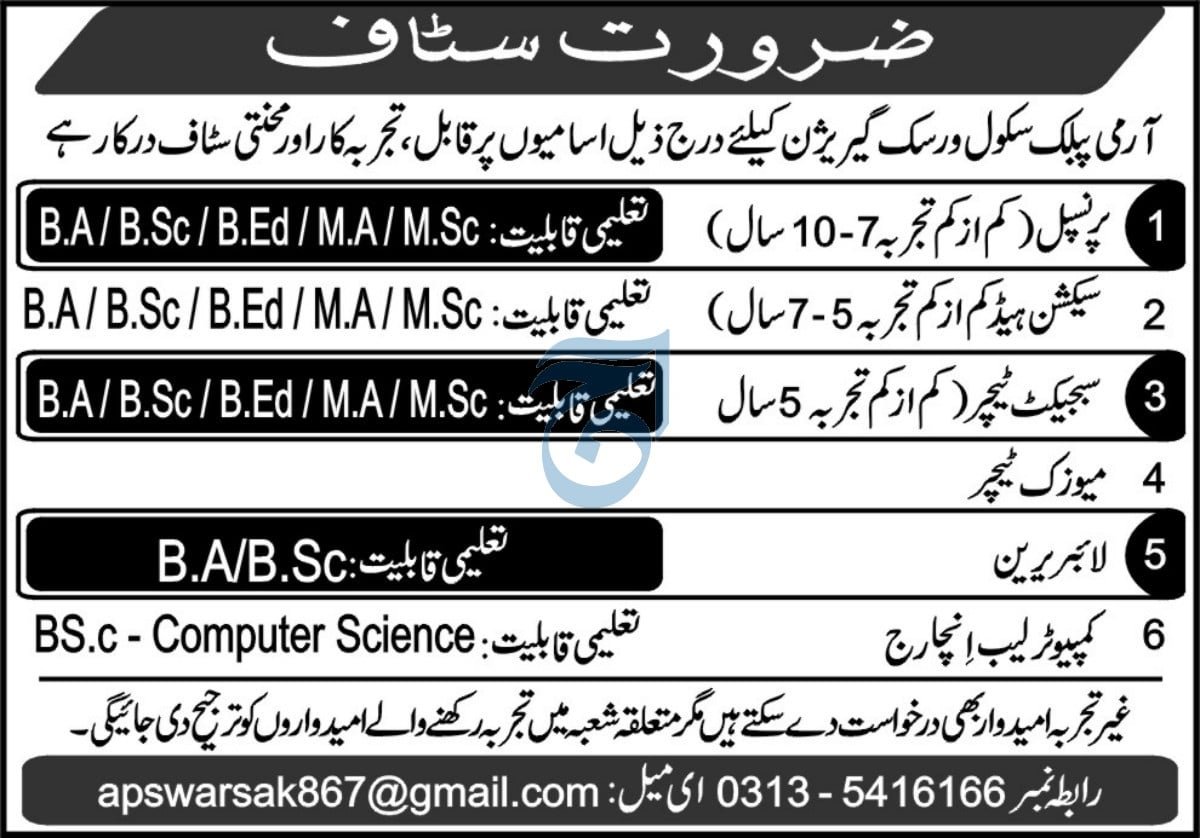 Army Public School APS Warsak Jobs 2026 — original advertisement