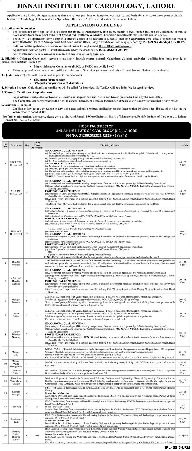 Jinnah Institute Of Cardiology JIC Jobs 2026 — original advertisement