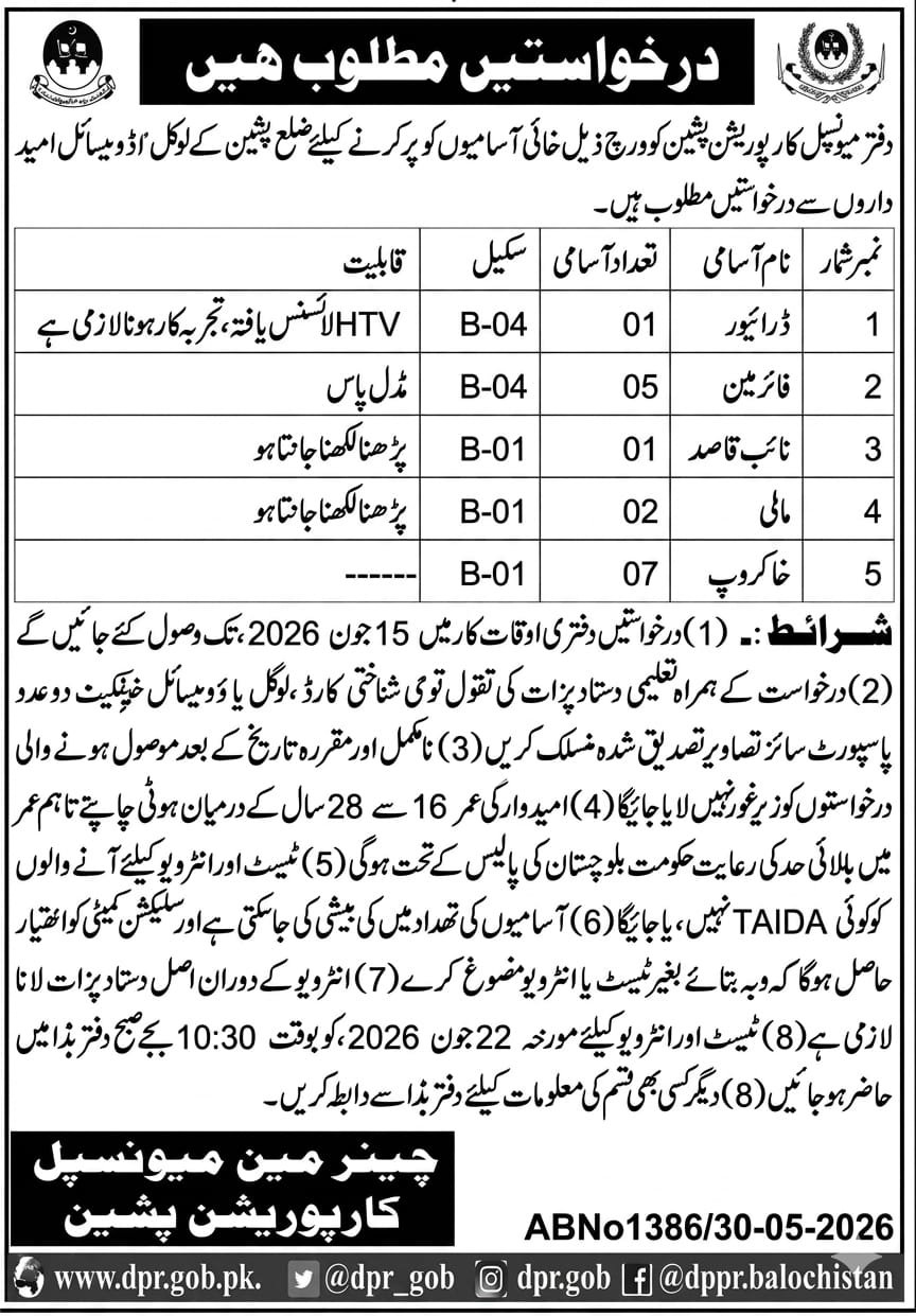 Municipal Corporation Mc District Pishin Jobs 2026 — original advertisement