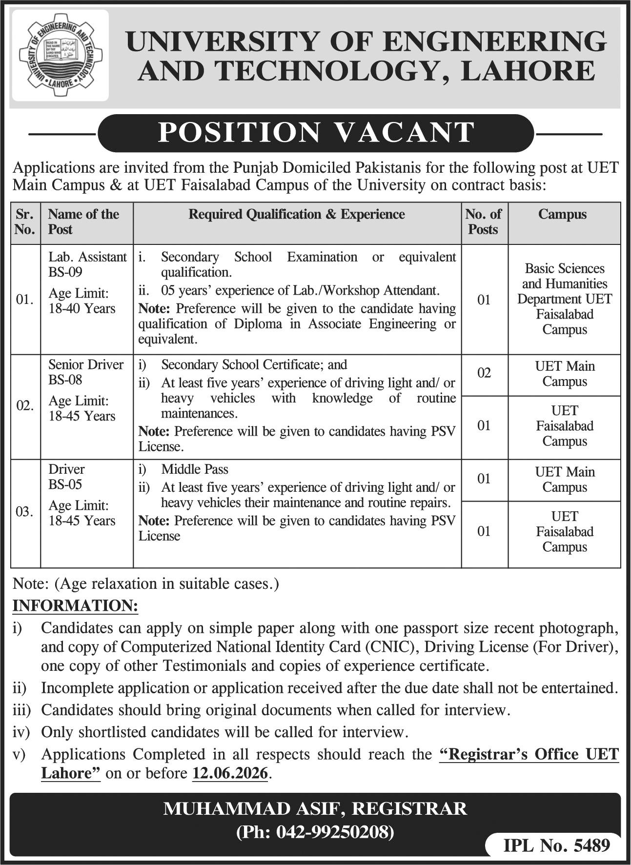 University Of Engineering And Technology UET Lahore Jobs — original advertisement