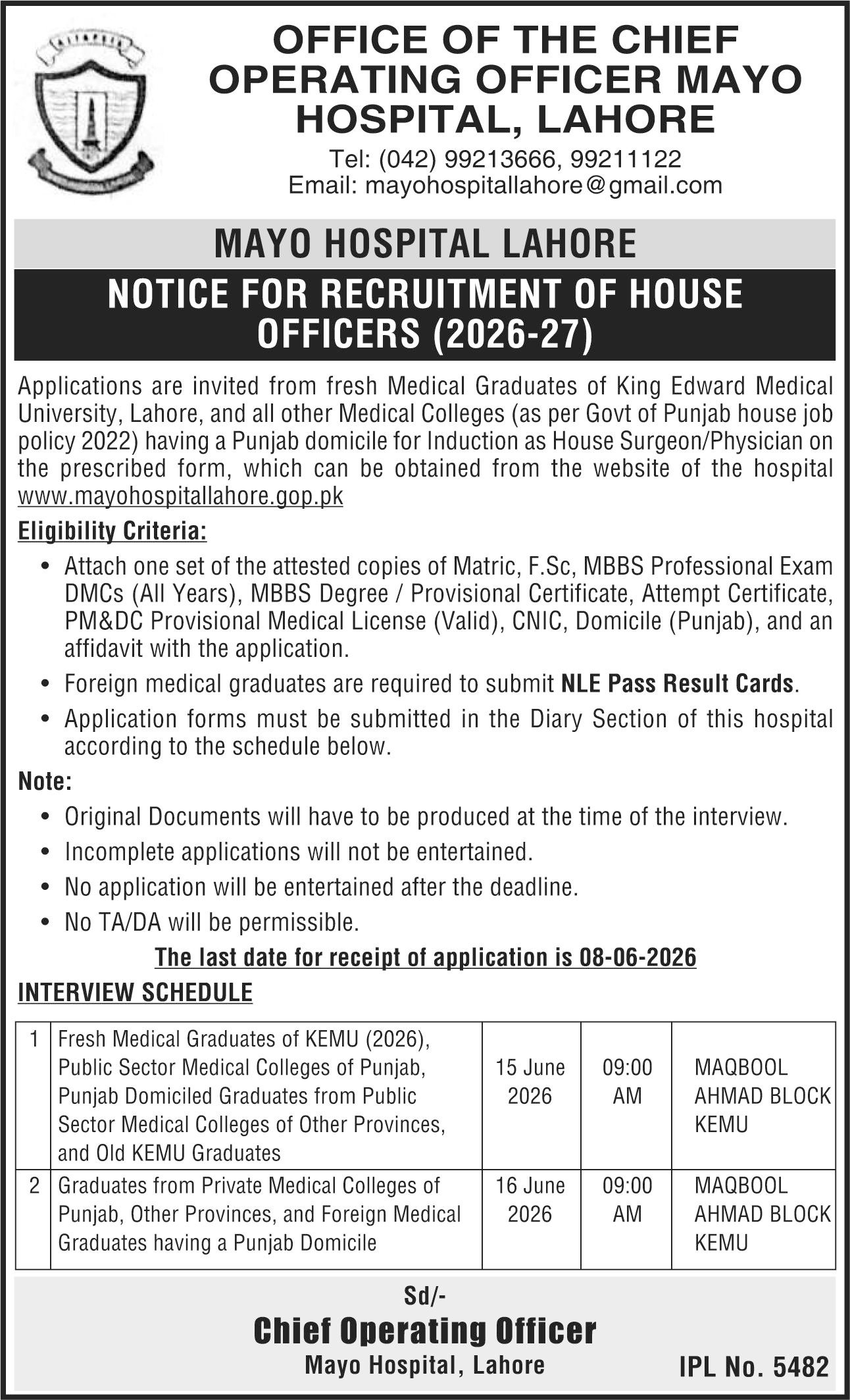 Mayo Hospital Lahore Job 2026 — original advertisement