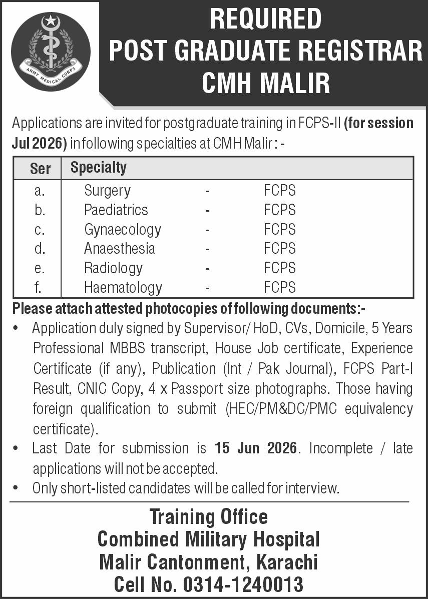 Combined Military Hospital CMH Karachi Jobs 2026 — original advertisement