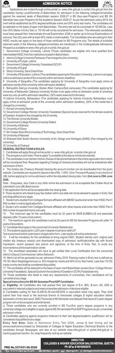Admission Open in Directorate of Colleges & Higher Education — original advertisement