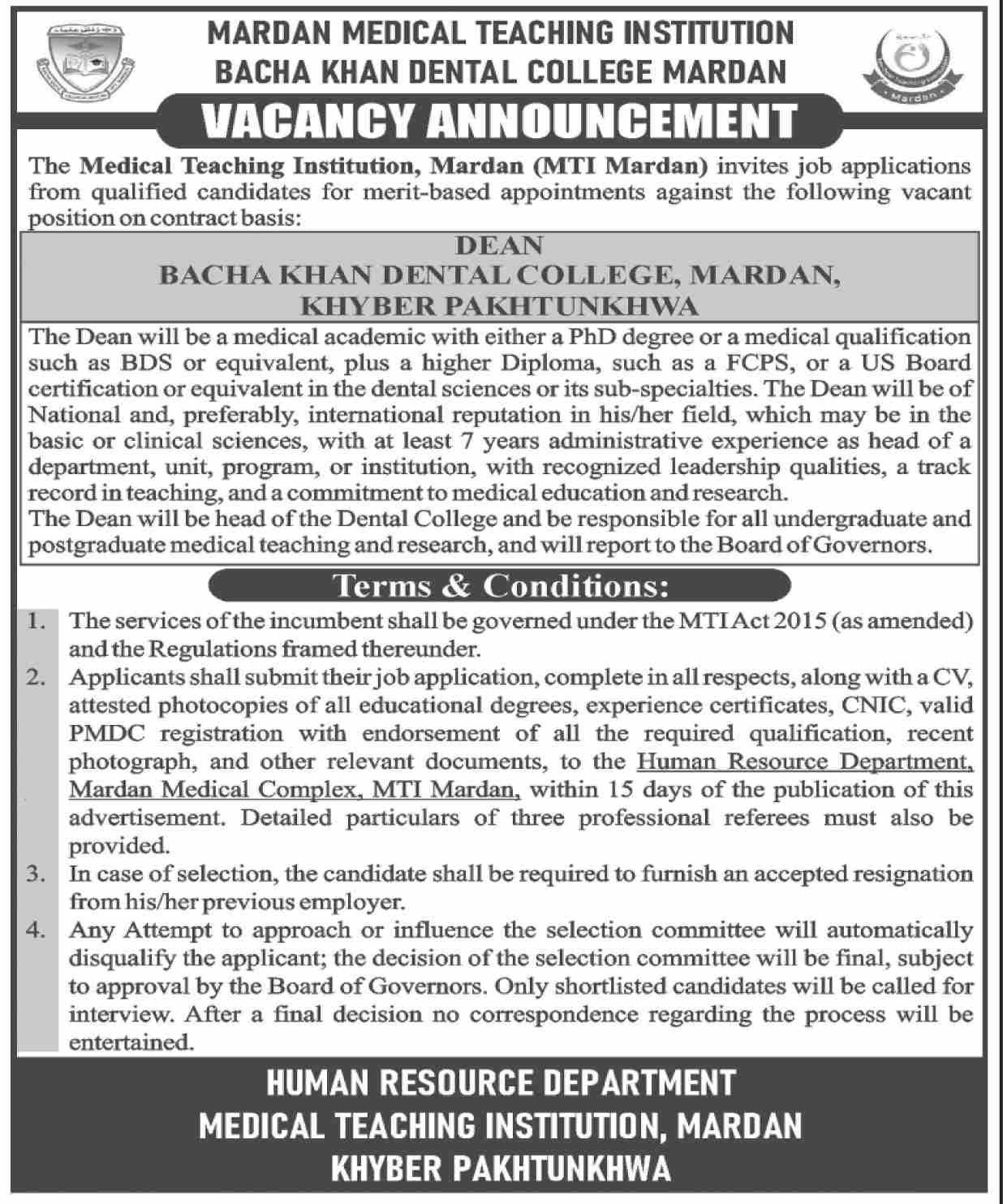 Bacha Khan Dental College BKCD Mardan Jobs 2026 — original advertisement