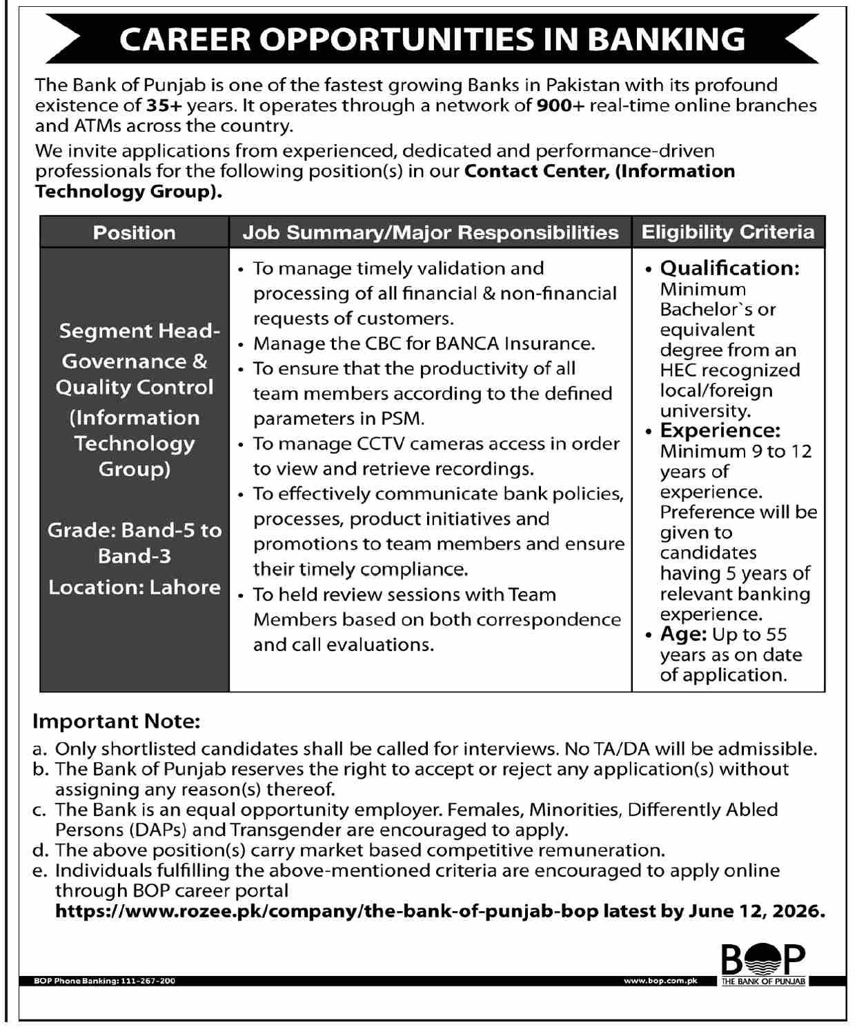 The Bank of Punjab BOP Lahore Jobs 2026 — original advertisement