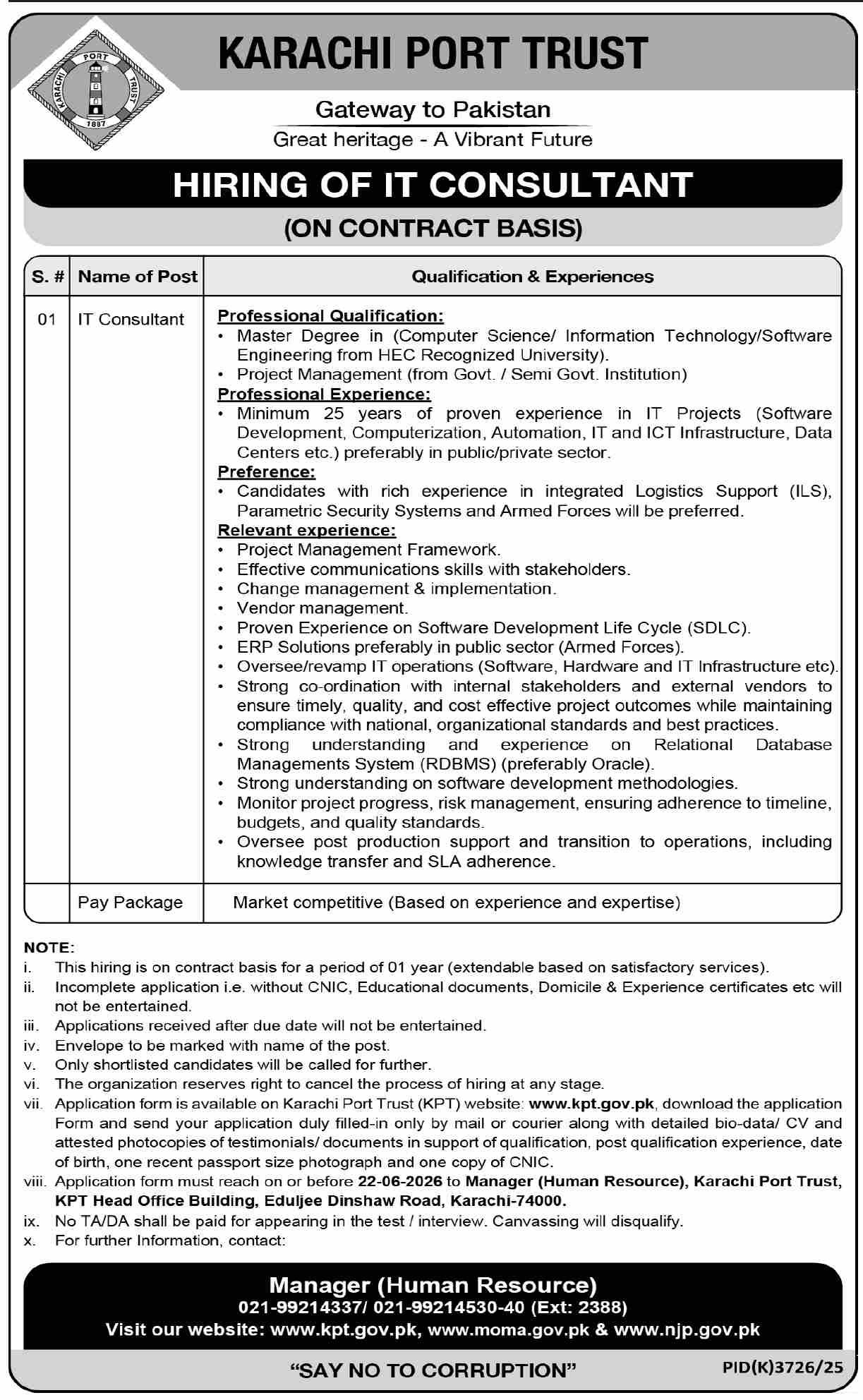 Karachi Port Trust KPT Jobs 2026 For IT Consultant — original advertisement