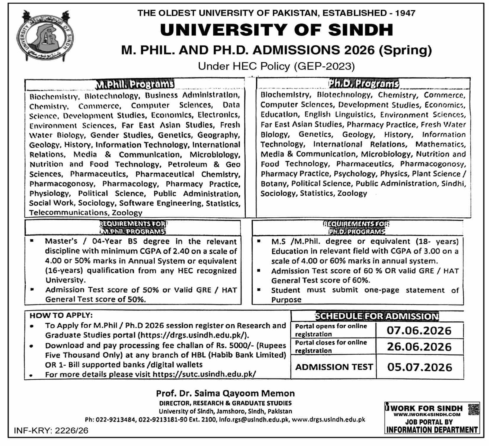 Admission Open in University of Sindh 2026 — original advertisement