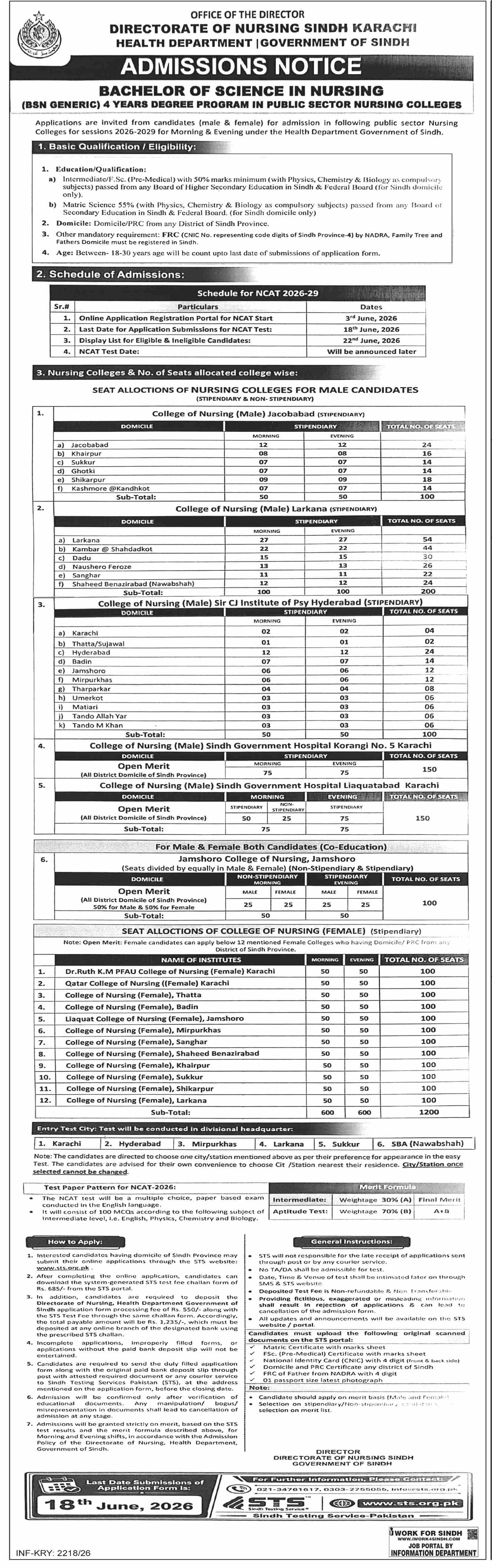 Admission Open in Directorate of Nursing Sindh Karachi 2026 — original advertisement
