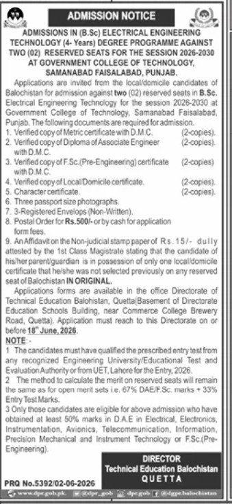 Admission Open in Technical Education Balochistan Quetta — original advertisement