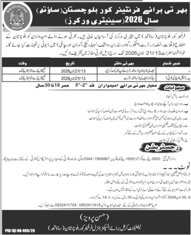 Frontier Core FC Balochistan South Jobs 2026 Sanitary Worker — original advertisement