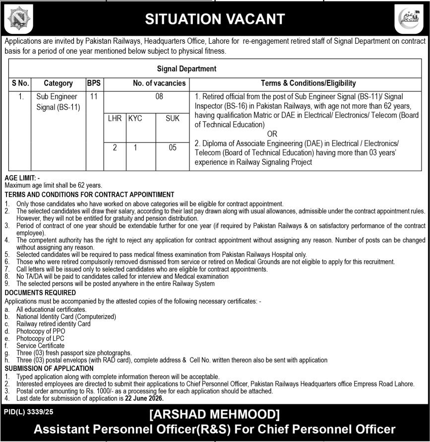 Pakistan Railways Headquarters Lahore Jobs 2026 — original advertisement