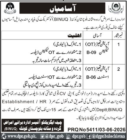 Balochistan Institute Of Nephro Urology BINUQ Jobs 2026 — original advertisement