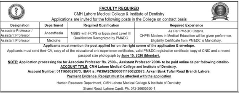 CMH Lahore Medical College & Institute Of Dentistry Jobs — original advertisement