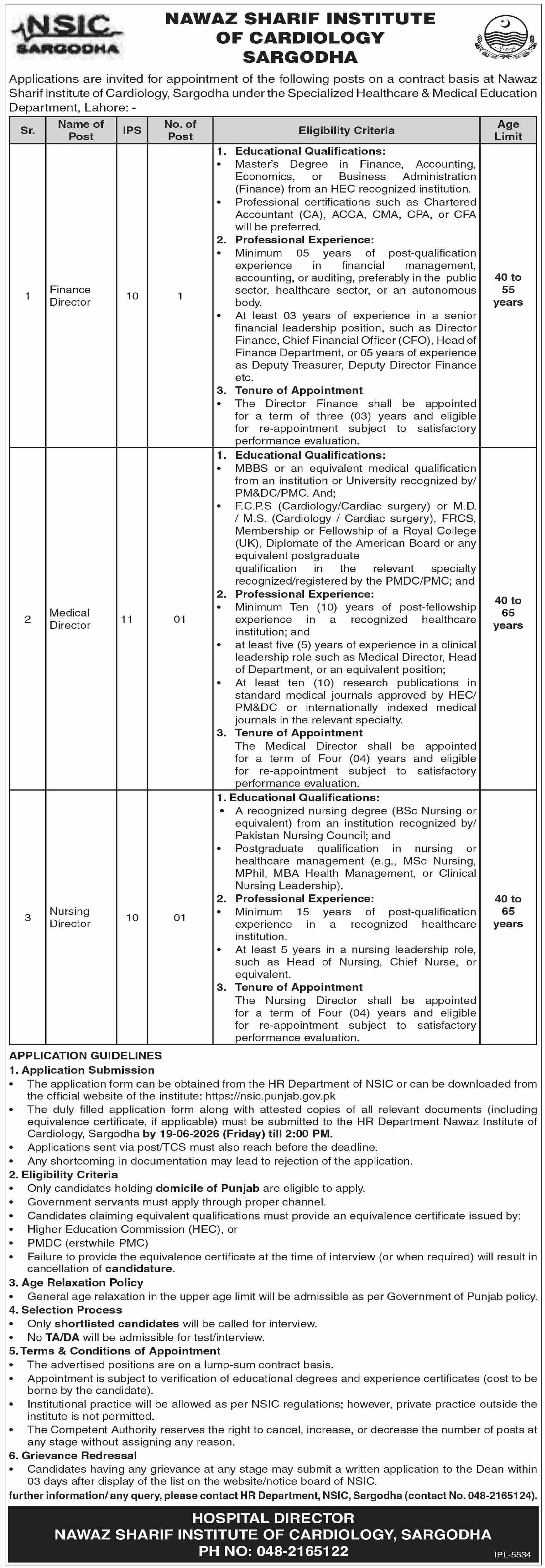Nawaz Sharif Institute Of Cardiology NSIC Sargodha Jobs 2026 — original advertisement