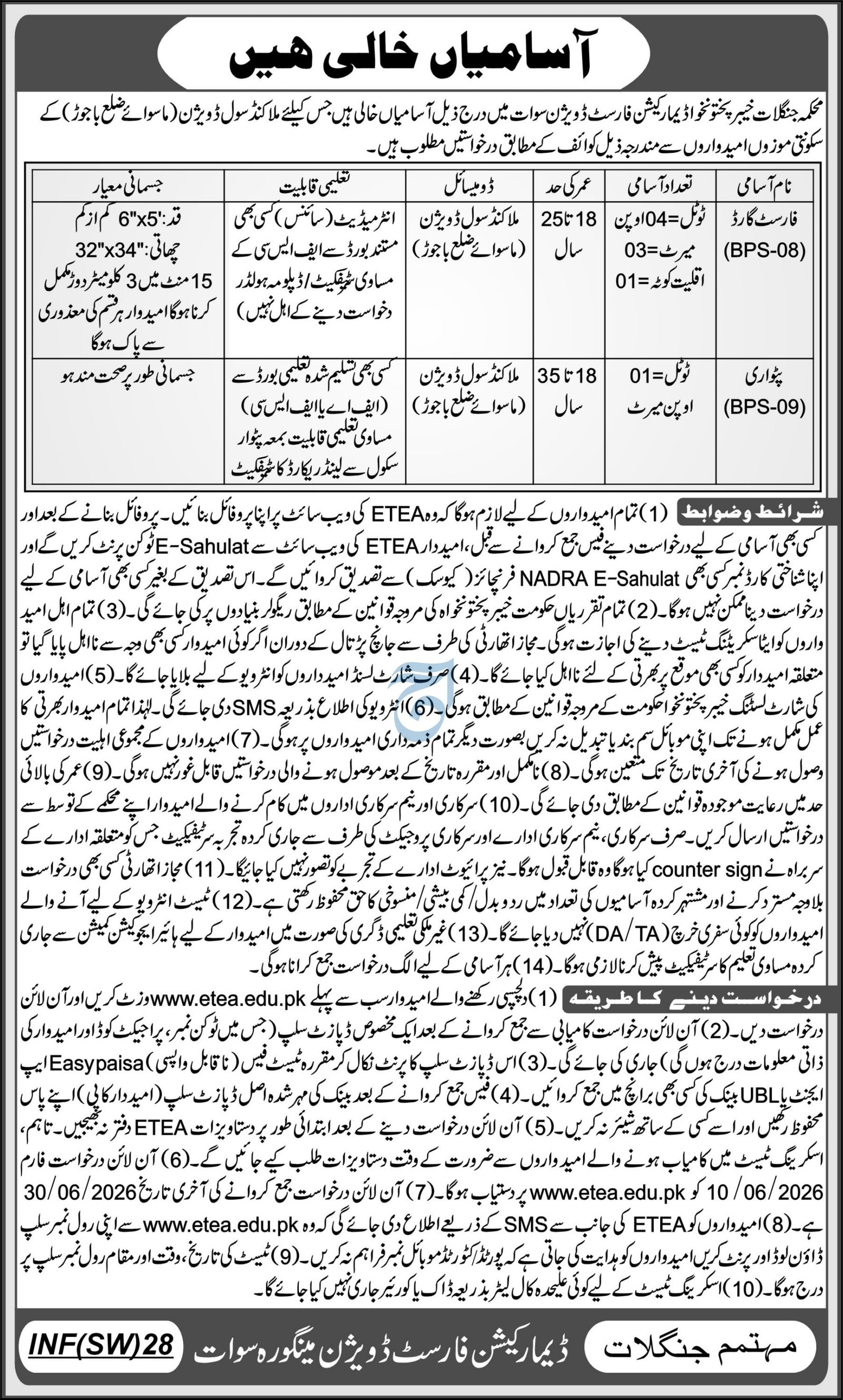 Forest Department Swat Khyber Pakhtunkhwa Jobs 2026 — original advertisement