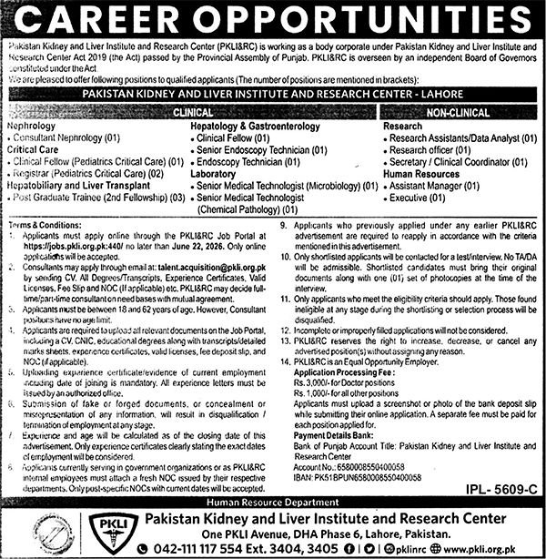 Pakistan Kidney And Liver Institute And Research Centre Jobs — original advertisement