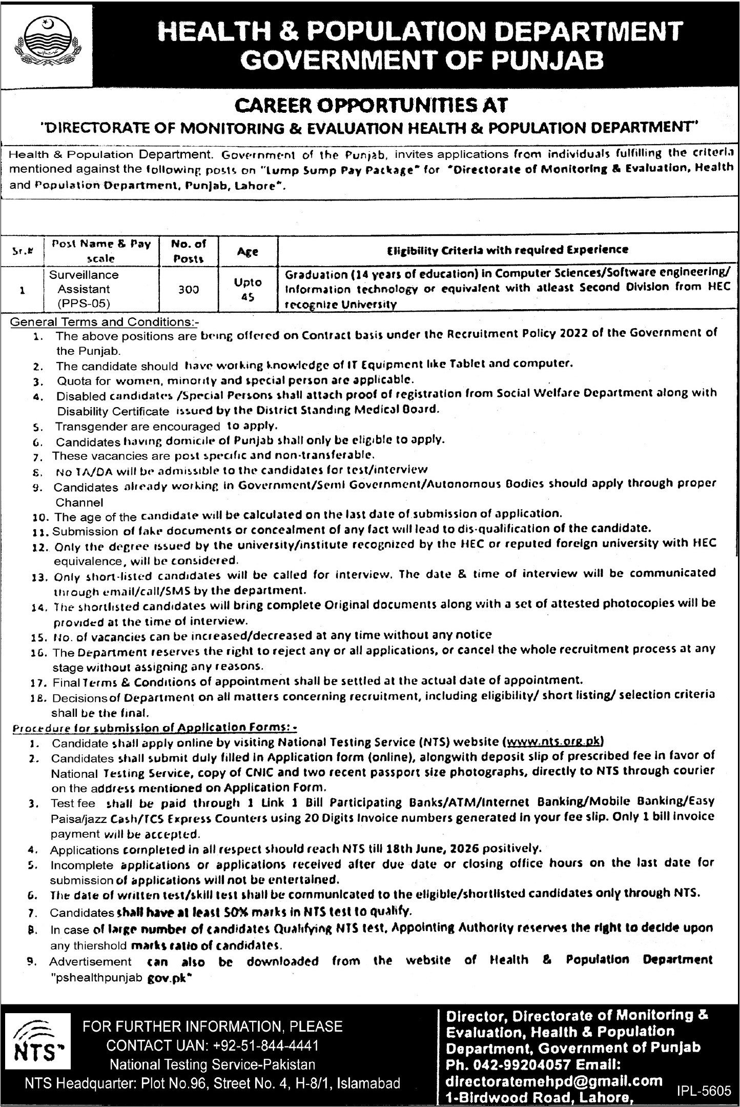 Health & Population Department Lahore Job 2026 — original advertisement