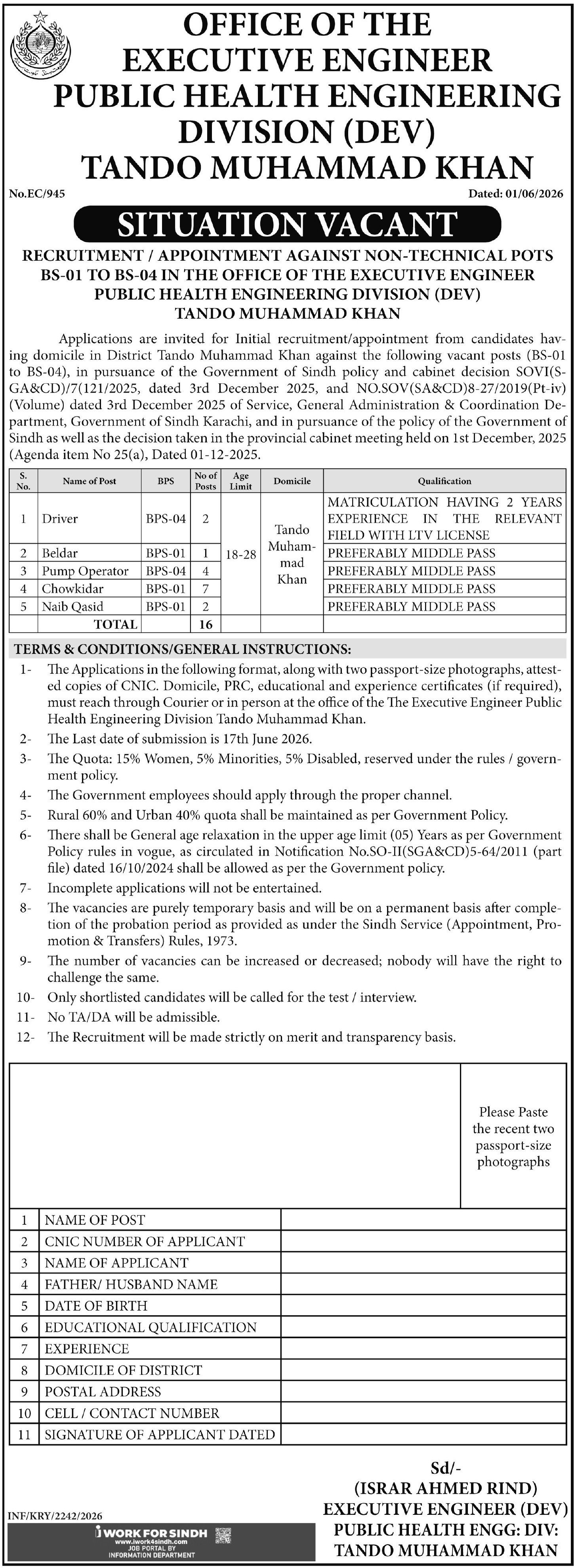 Public Health Engineering Division Tando Muhammad Khan Jobs — original advertisement