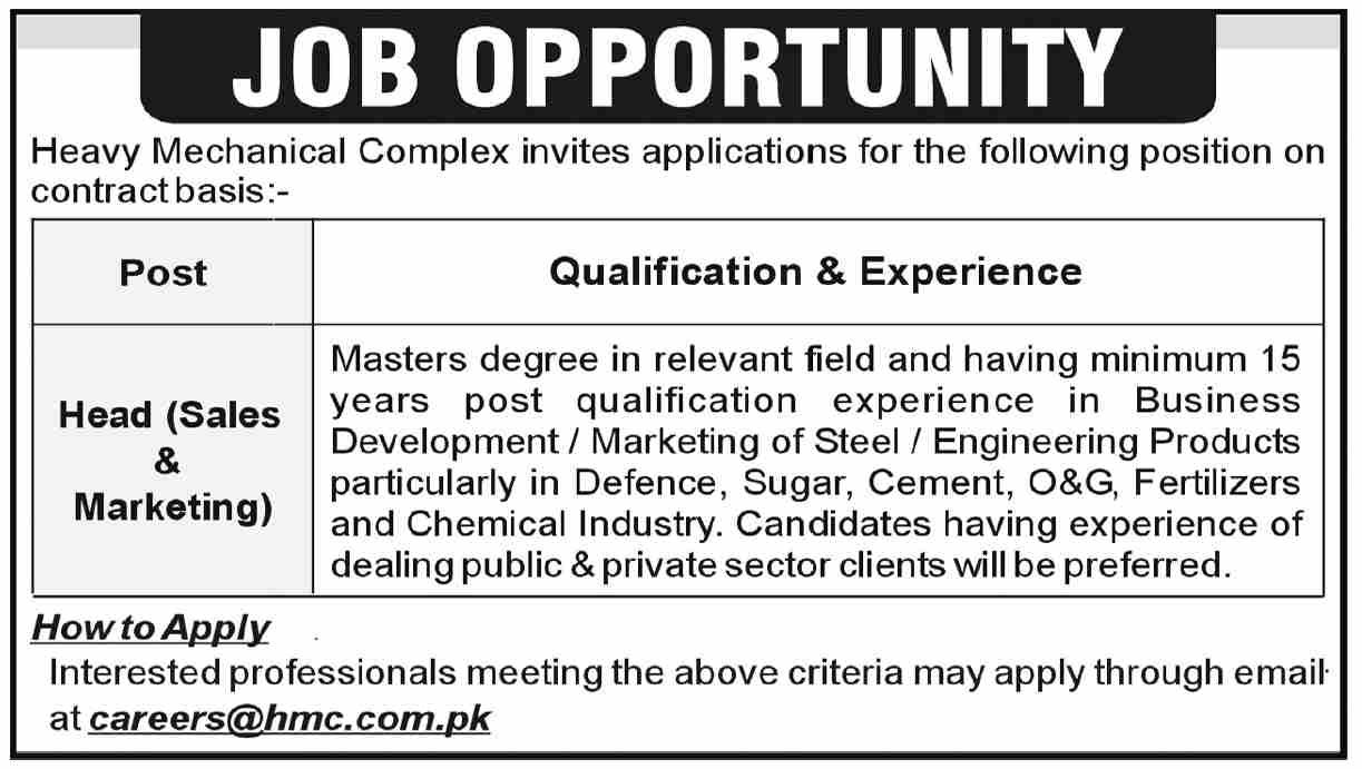 Heavy Mechanical Complex HMC Islamabad Job 2026 — original advertisement