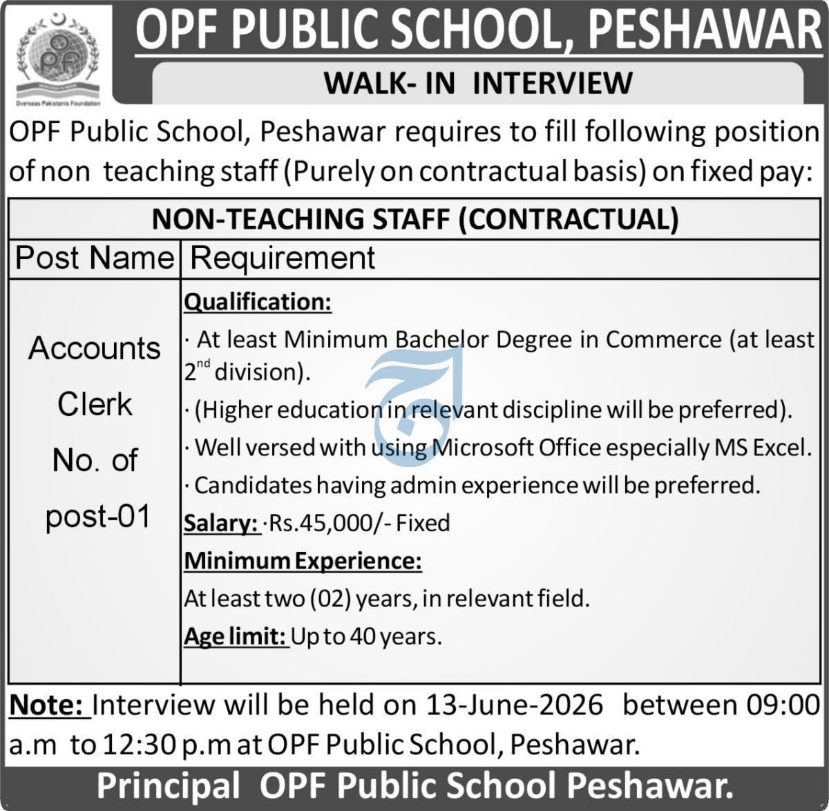 Opf Public School Peshawar Jobs 2026 — original advertisement