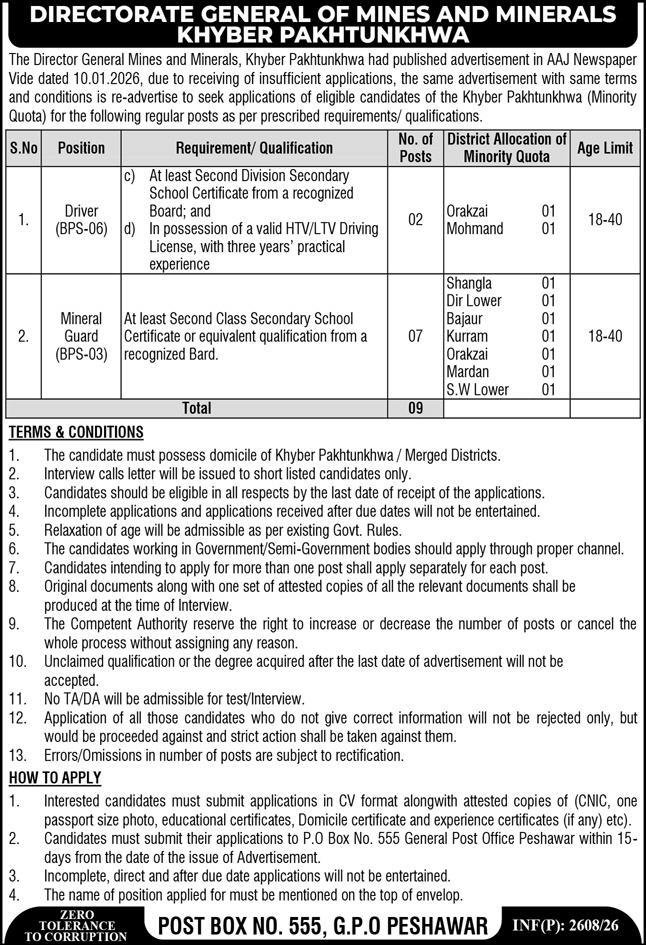 Directorate General Of Mines & Minerals KPK Jobs 2026 — original advertisement