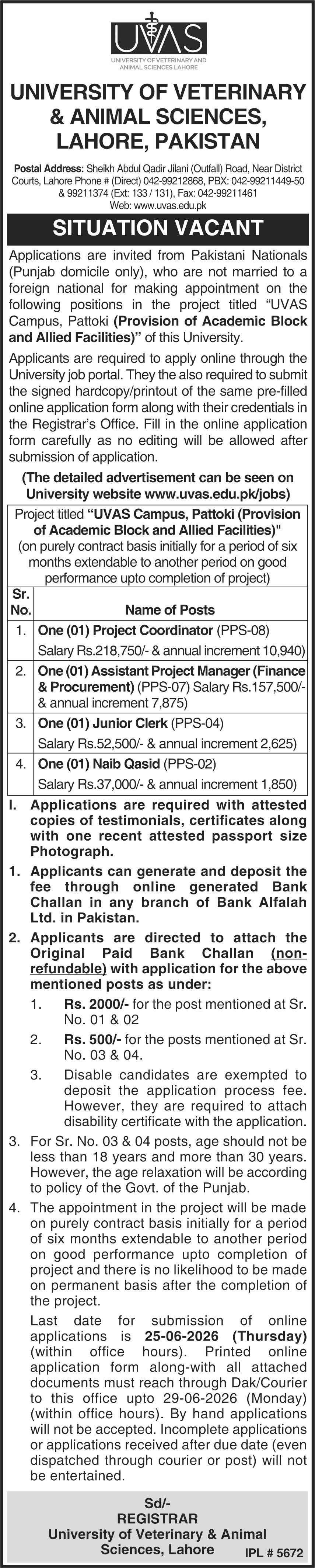 University Of Veterinary & Animal Sciences Lahore Lahore Job — original advertisement